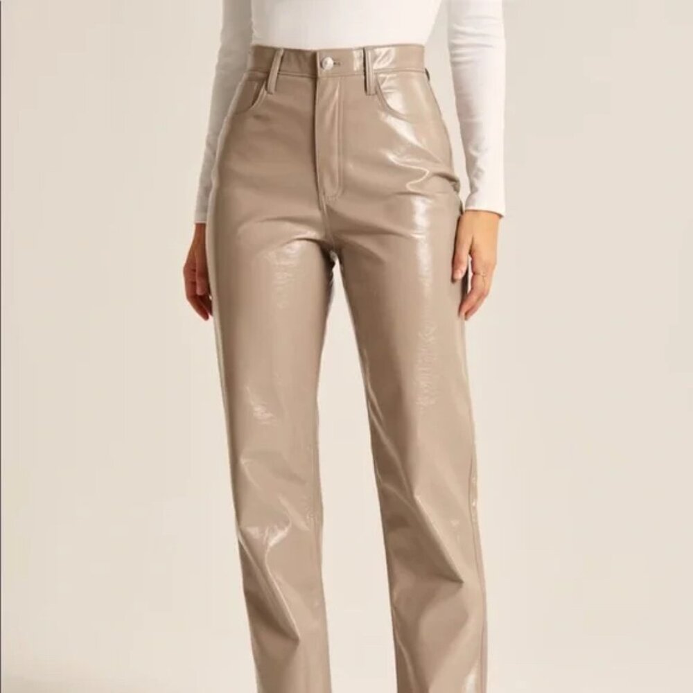 NWOT Abercrombie & Fitch Patent 90’s Straight Faux Leather Taupe Pants Sz 10 30